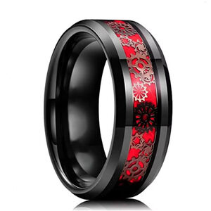 Men’s Size 11 Bold Gear Ring – Black with Red Inlay, Stainless Steel NIB